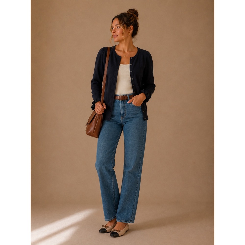 Talbots Womens Black Ruffle Cuff Puff‎ Sleeve Button Front Cardigan Sweater M